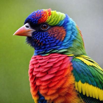 The primary subject of the image is a colorful bird with a rainbow-colored head. The bird is perched on a branch, surrounded by a green background. The visual style of the image is a close-up of the bird, showcasing its vibrant colors and unique pattern. The colors and mood of the image are lively and cheerful, with the bird's vivid colors creating a sense of joy and wonder.